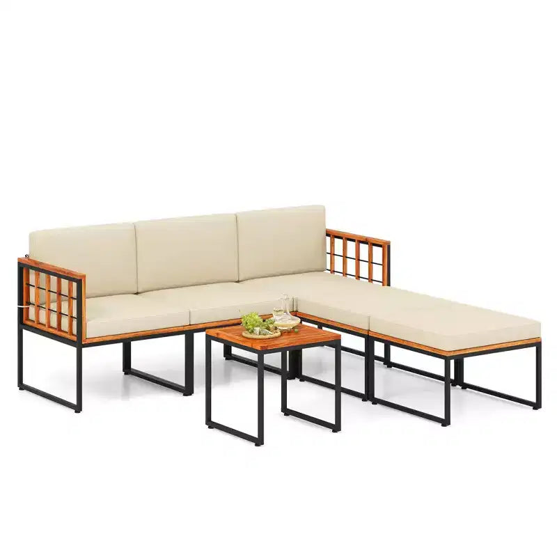 Ensemble de meubles de patio Costway 6 pièces en bois d'acacia, ensemble de canapés de conversation sectionnels d'extérieur, beige