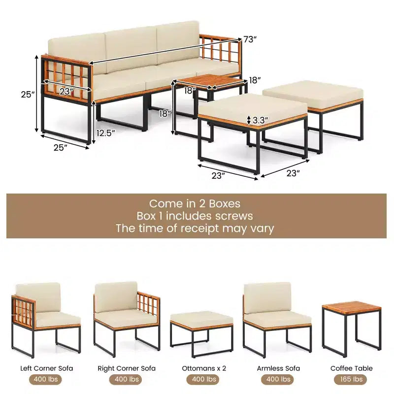 Ensemble de meubles de patio Costway 6 pièces en bois d'acacia, ensemble de canapés de conversation sectionnels d'extérieur, beige
