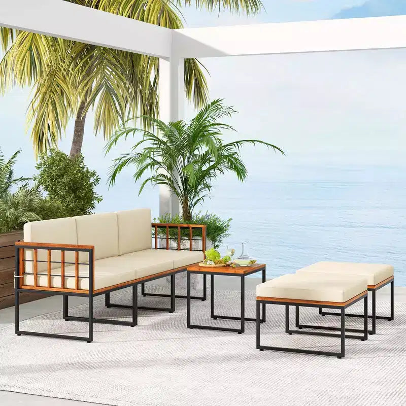 Ensemble de meubles de patio Costway 6 pièces en bois d'acacia, ensemble de canapés de conversation sectionnels d'extérieur, beige