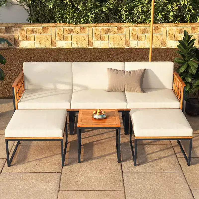 Ensemble de meubles de patio Costway 6 pièces en bois d'acacia, ensemble de canapés de conversation sectionnels d'extérieur, beige