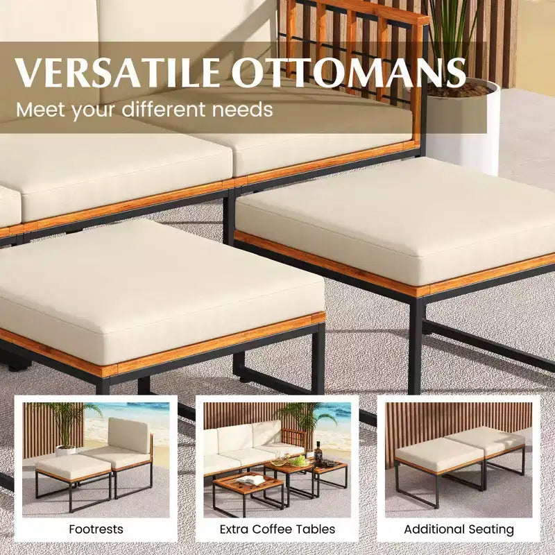 Ensemble de meubles de patio Costway 6 pièces en bois d'acacia, ensemble de canapés de conversation sectionnels d'extérieur, beige