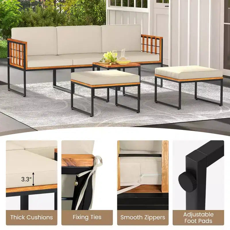 Ensemble de meubles de patio Costway 6 pièces en bois d'acacia, ensemble de canapés de conversation sectionnels d'extérieur, beige