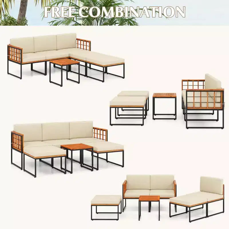 Ensemble de meubles de patio Costway 6 pièces en bois d'acacia, ensemble de canapés de conversation sectionnels d'extérieur, beige
