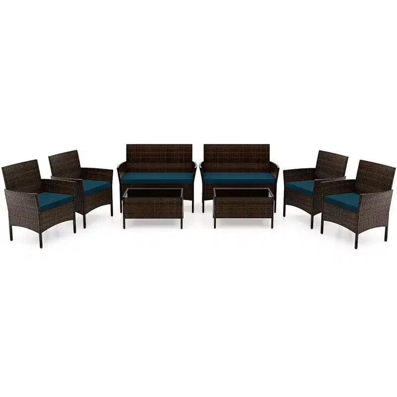Costway Ensemble de Meubles de Patio 8 Pièces avec Coussins Lavables et Table Basse en Verre Trempé Noir/Gris/Bleu Marine/Turquoise/Rouge/Bleu/Orange