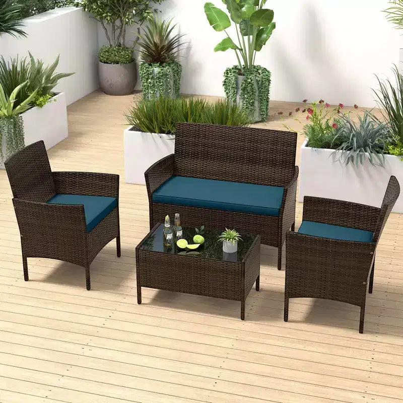 Costway Ensemble de Meubles de Patio 8 Pièces avec Coussins Lavables et Table Basse en Verre Trempé Noir/Gris/Bleu Marine/Turquoise/Rouge/Bleu/Orange