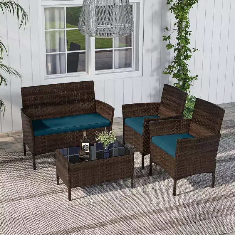 Costway Ensemble de Meubles de Patio 8 Pièces avec Coussins Lavables et Table Basse en Verre Trempé Noir/Gris/Bleu Marine/Turquoise/Rouge/Bleu/Orange