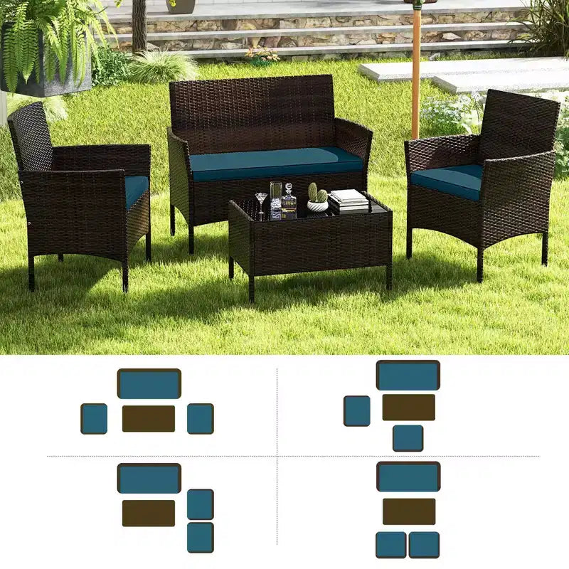 Costway Ensemble de Meubles de Patio 8 Pièces avec Coussins Lavables et Table Basse en Verre Trempé Noir/Gris/Bleu Marine/Turquoise/Rouge/Bleu/Orange