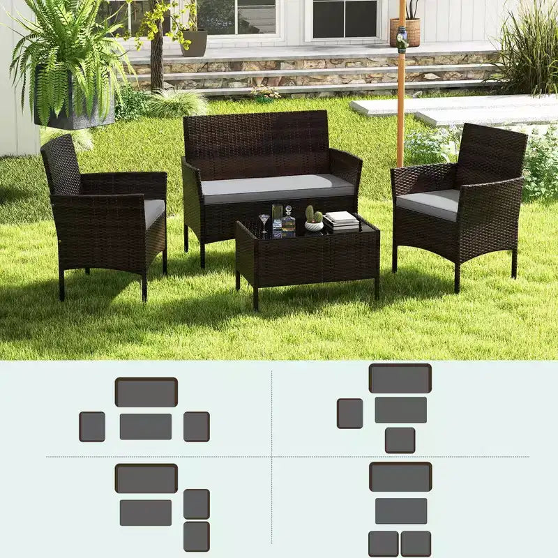Costway Ensemble de Meubles de Patio 8 Pièces avec Coussins Lavables et Table Basse en Verre Trempé Noir/Gris/Bleu Marine/Turquoise/Rouge/Bleu/Orange