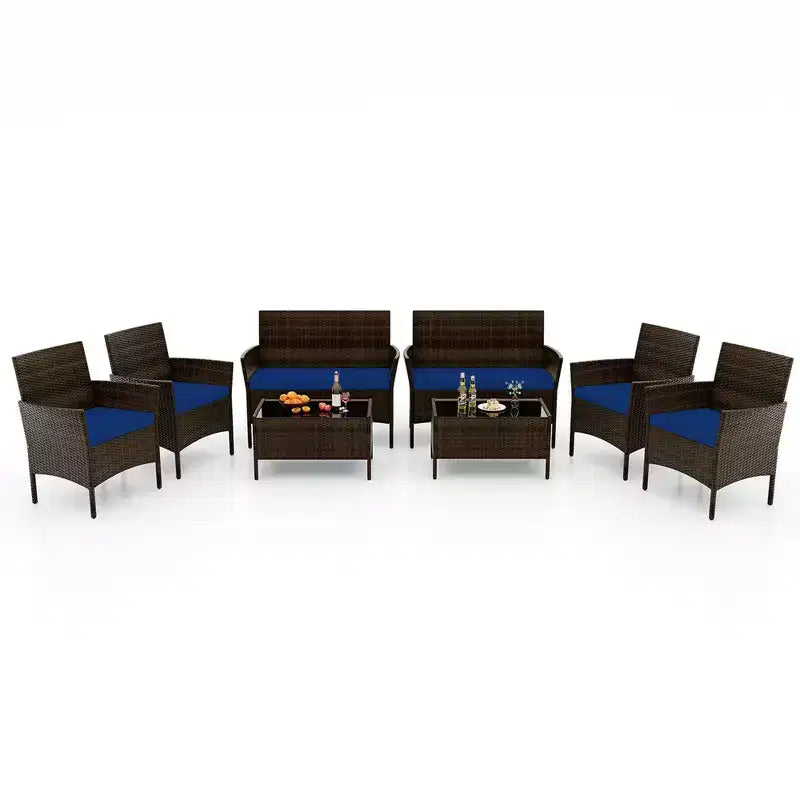 Costway Ensemble de Meubles de Patio 8 Pièces avec Coussins Lavables et Table Basse en Verre Trempé Noir/Gris/Bleu Marine/Turquoise/Rouge/Bleu/Orange