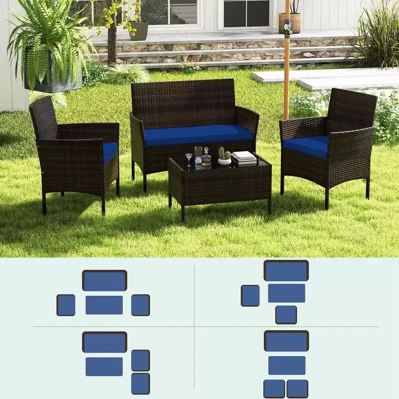 Costway Ensemble de Meubles de Patio 8 Pièces avec Coussins Lavables et Table Basse en Verre Trempé Noir/Gris/Bleu Marine/Turquoise/Rouge/Bleu/Orange