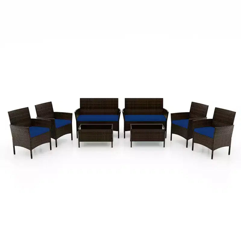 Costway Ensemble de Meubles de Patio 8 Pièces avec Coussins Lavables et Table Basse en Verre Trempé Noir/Gris/Bleu Marine/Turquoise/Rouge/Bleu/Orange