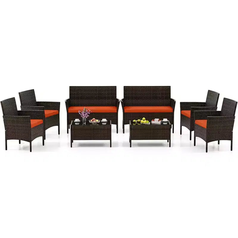 Costway Ensemble de Meubles de Patio 8 Pièces avec Coussins Lavables et Table Basse en Verre Trempé Noir/Gris/Bleu Marine/Turquoise/Rouge/Bleu/Orange