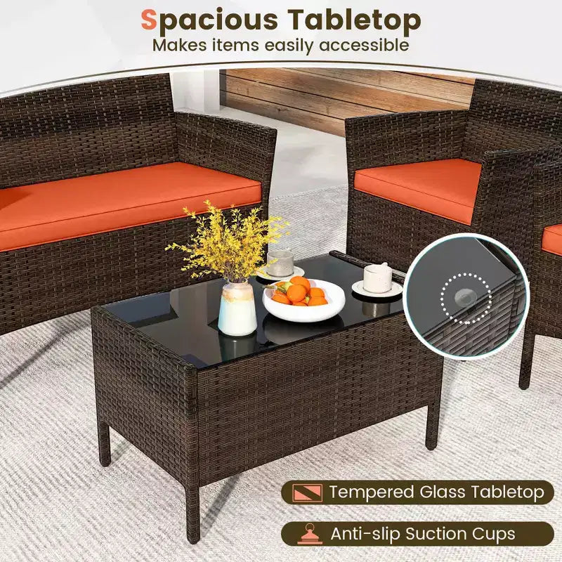 Costway Ensemble de Meubles de Patio 8 Pièces avec Coussins Lavables et Table Basse en Verre Trempé Noir/Gris/Bleu Marine/Turquoise/Rouge/Bleu/Orange