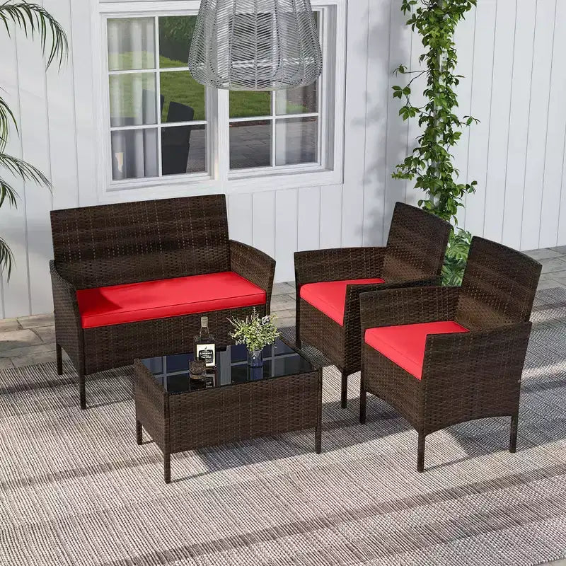 Costway Ensemble de Meubles de Patio 8 Pièces avec Coussins Lavables et Table Basse en Verre Trempé Noir/Gris/Bleu Marine/Turquoise/Rouge/Bleu/Orange