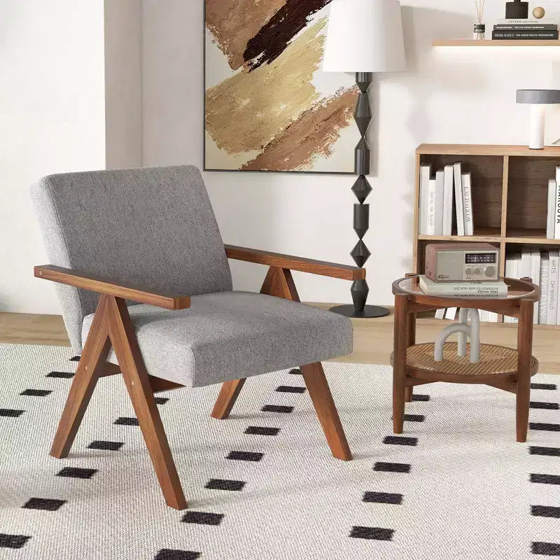 Costway Fauteuil moderne 1 place en lin avec cadre en bois d'acacia massif beige/gris
