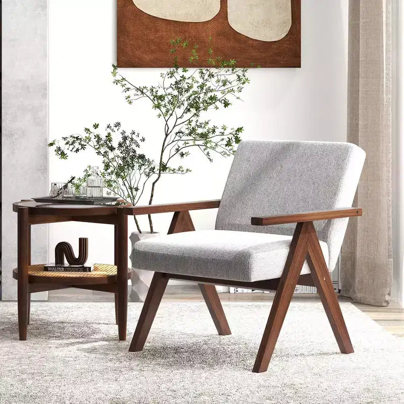 Costway Fauteuil moderne 1 place en lin avec cadre en bois d'acacia massif beige/gris