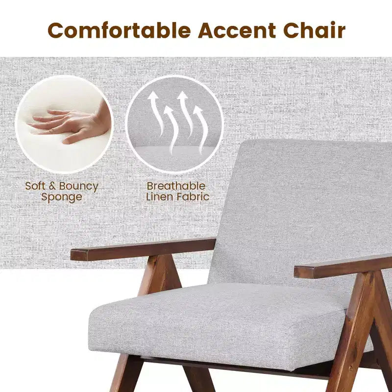 Costway Fauteuil moderne 1 place en lin avec cadre en bois d'acacia massif beige/gris