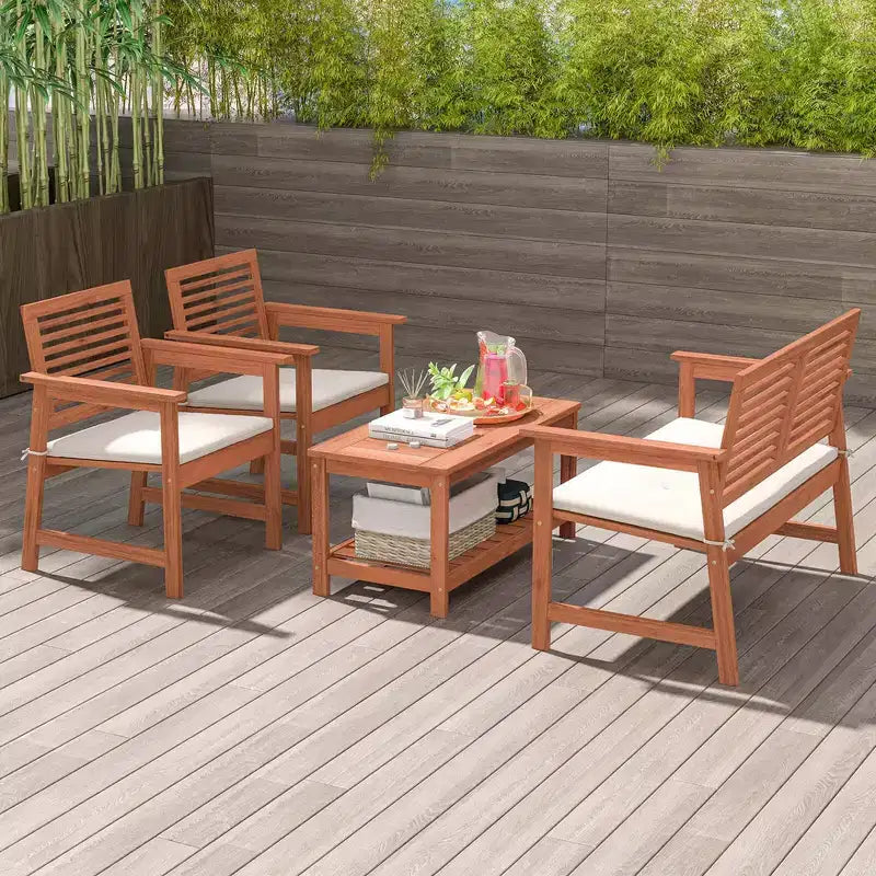 Costway 4 PCS Patio Conversation Set with Soft Seat Cushions 2-Tier Rectangle Coffee Table