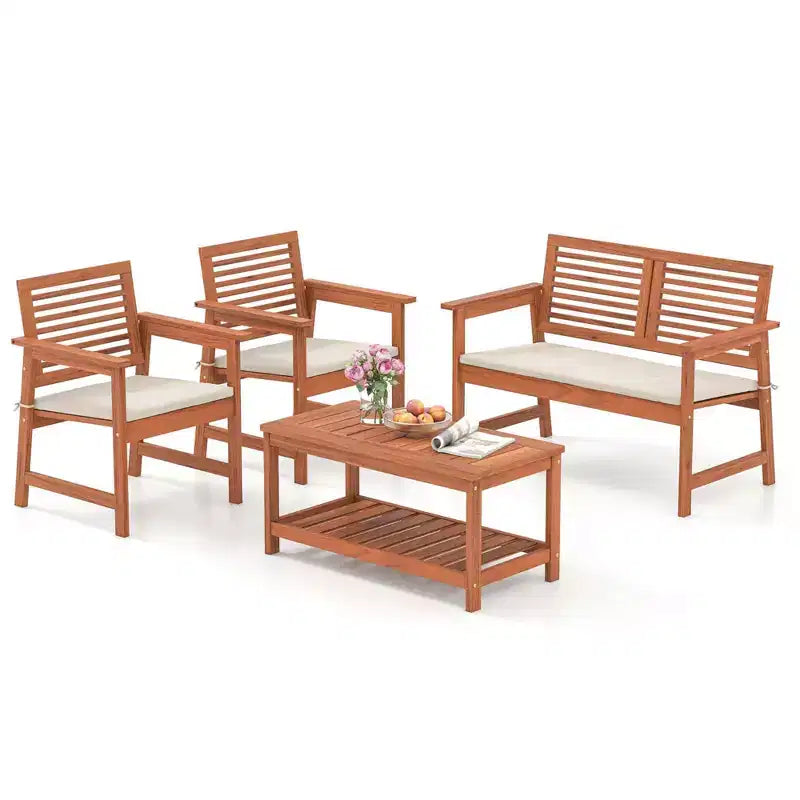 Costway Ensemble de Conversation de Jardin 4 Pièces avec Coussins Doux et Table Basse Rectangulaire à 2 Niveaux