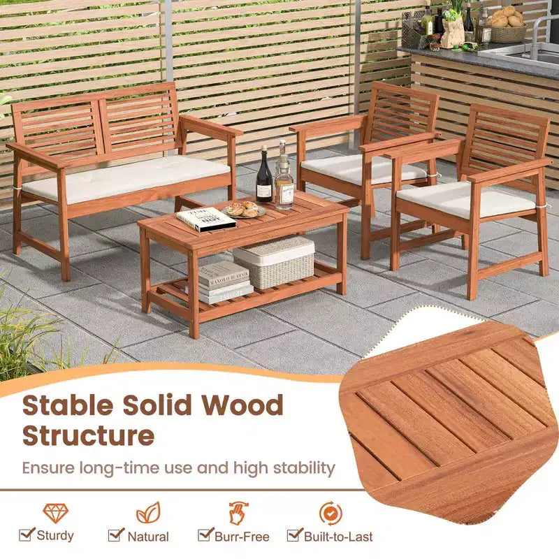 Costway Ensemble de Conversation de Jardin 4 Pièces avec Coussins Doux et Table Basse Rectangulaire à 2 Niveaux