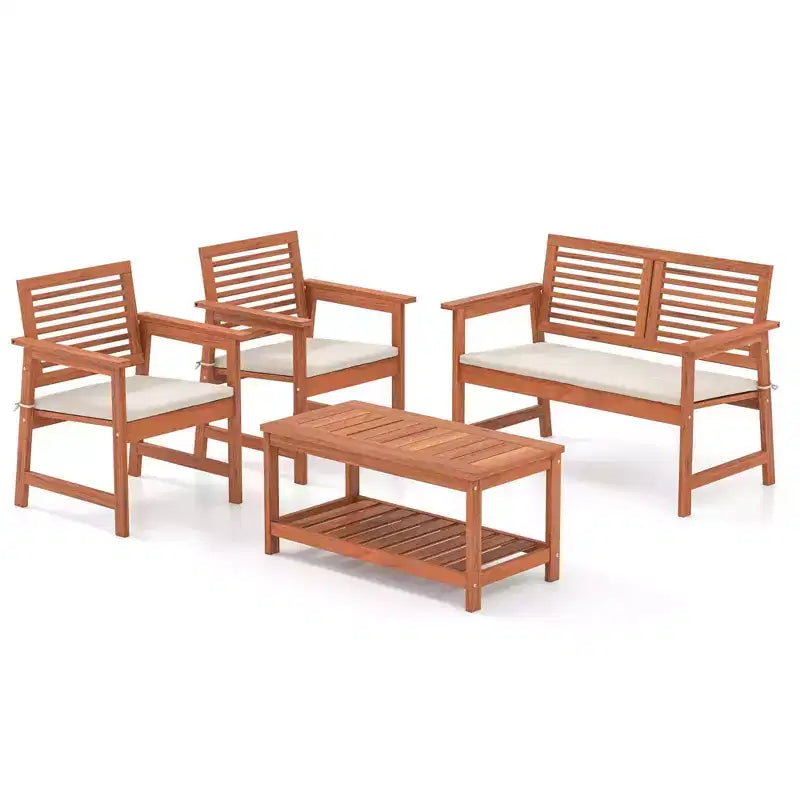 Costway Ensemble de Conversation de Jardin 4 Pièces avec Coussins Doux et Table Basse Rectangulaire à 2 Niveaux