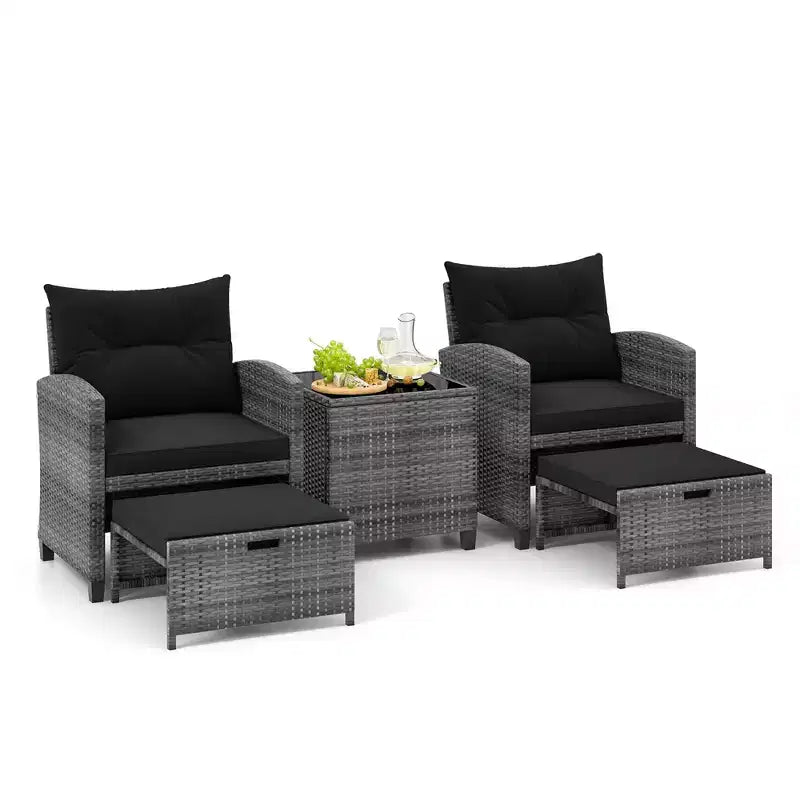 Costway Ensemble de Meubles de Jardin en Rotin 5 Pièces avec 2 Ottomans et Table Basse en Verre Trempé Noir/Gris/Bleu Marine/Beige/Rouge