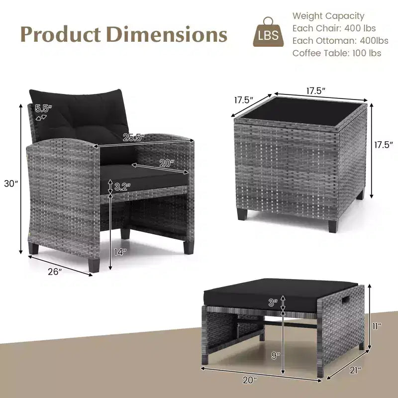 Costway Ensemble de Meubles de Jardin en Rotin 5 Pièces avec 2 Ottomans et Table Basse en Verre Trempé Noir/Gris/Bleu Marine/Beige/Rouge