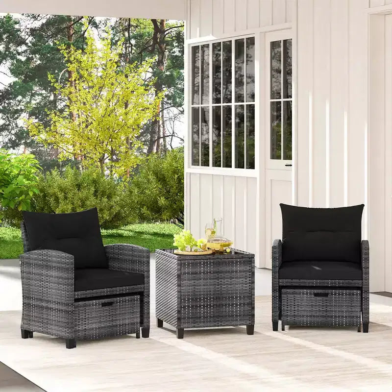 Costway Ensemble de Meubles de Jardin en Rotin 5 Pièces avec 2 Ottomans et Table Basse en Verre Trempé Noir/Gris/Bleu Marine/Beige/Rouge