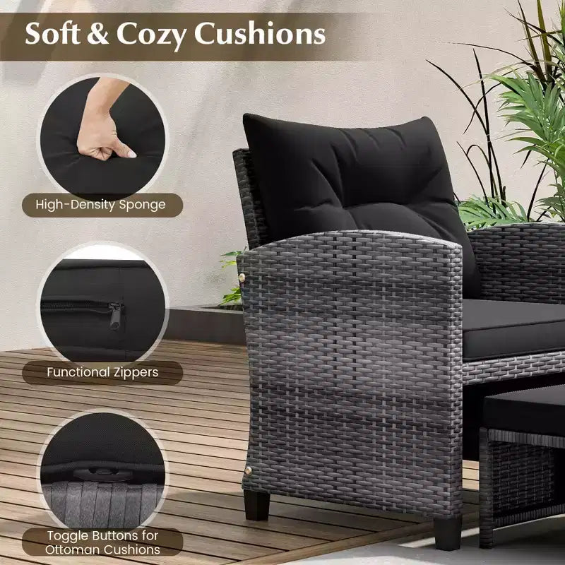 Costway Ensemble de Meubles de Jardin en Rotin 5 Pièces avec 2 Ottomans et Table Basse en Verre Trempé Noir/Gris/Bleu Marine/Beige/Rouge