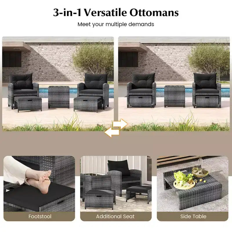 Costway Ensemble de Meubles de Jardin en Rotin 5 Pièces avec 2 Ottomans et Table Basse en Verre Trempé Noir/Gris/Bleu Marine/Beige/Rouge