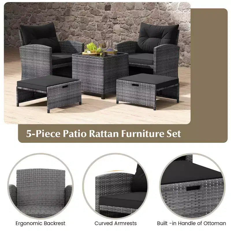 Costway Ensemble de Meubles de Jardin en Rotin 5 Pièces avec 2 Ottomans et Table Basse en Verre Trempé Noir/Gris/Bleu Marine/Beige/Rouge