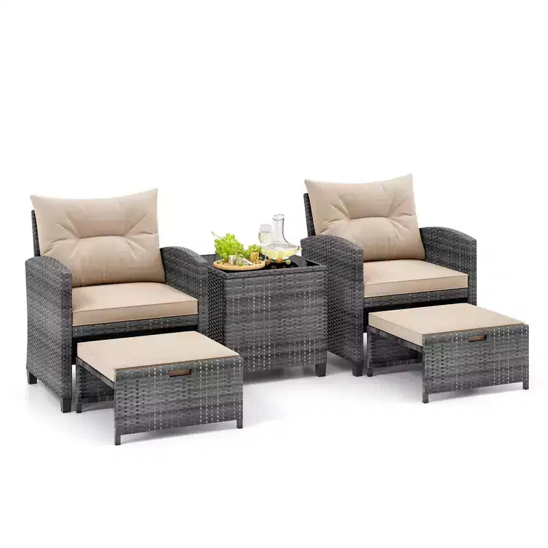 Costway Ensemble de Meubles de Jardin en Rotin 5 Pièces avec 2 Ottomans et Table Basse en Verre Trempé Noir/Gris/Bleu Marine/Beige/Rouge