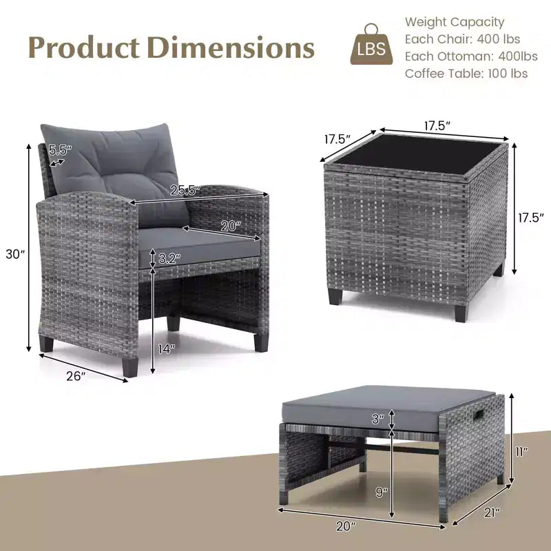 Costway Ensemble de Meubles de Jardin en Rotin 5 Pièces avec 2 Ottomans et Table Basse en Verre Trempé Noir/Gris/Bleu Marine/Beige/Rouge