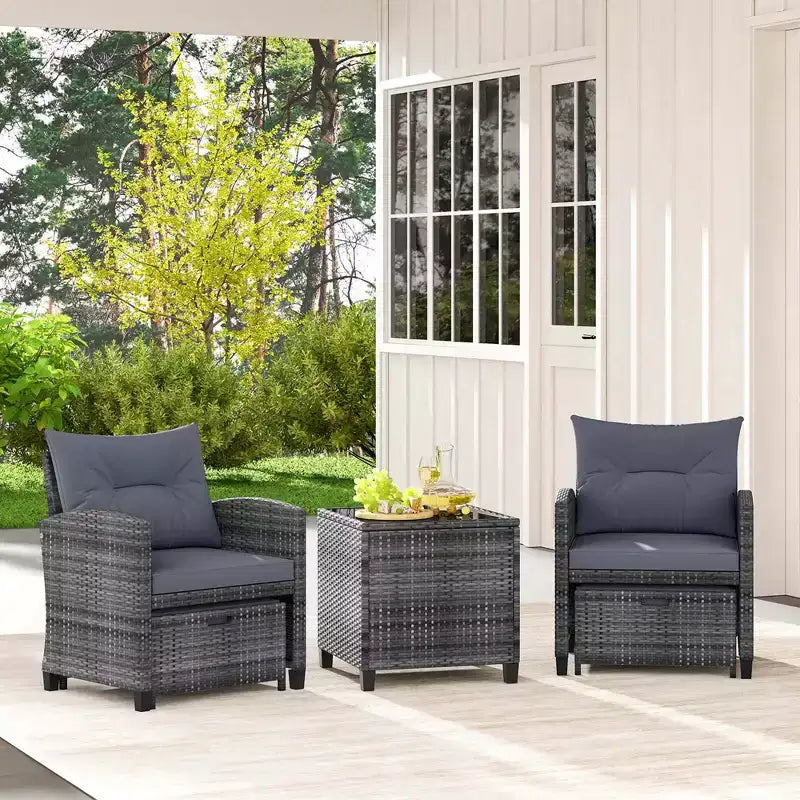 Costway Ensemble de Meubles de Jardin en Rotin 5 Pièces avec 2 Ottomans et Table Basse en Verre Trempé Noir/Gris/Bleu Marine/Beige/Rouge