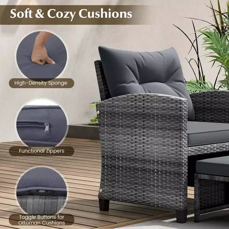 Costway Ensemble de Meubles de Jardin en Rotin 5 Pièces avec 2 Ottomans et Table Basse en Verre Trempé Noir/Gris/Bleu Marine/Beige/Rouge