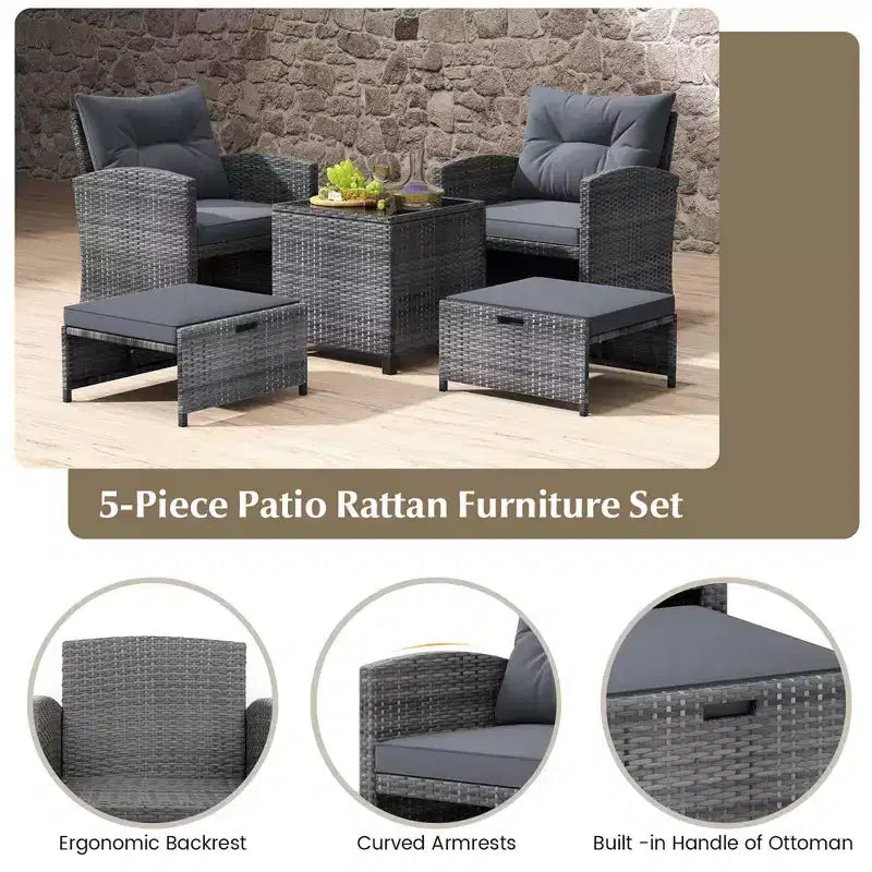 Costway Ensemble de Meubles de Jardin en Rotin 5 Pièces avec 2 Ottomans et Table Basse en Verre Trempé Noir/Gris/Bleu Marine/Beige/Rouge