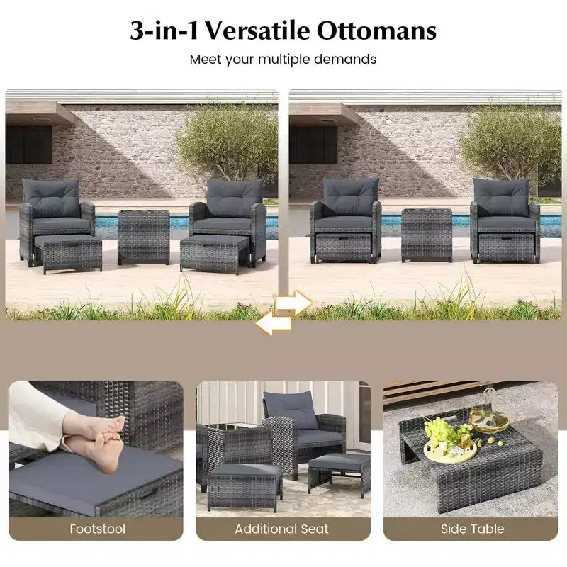 Costway Ensemble de Meubles de Jardin en Rotin 5 Pièces avec 2 Ottomans et Table Basse en Verre Trempé Noir/Gris/Bleu Marine/Beige/Rouge