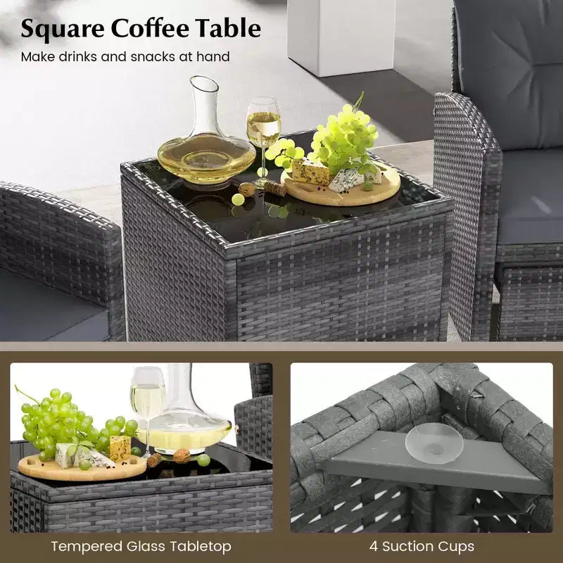 Costway Ensemble de Meubles de Jardin en Rotin 5 Pièces avec 2 Ottomans et Table Basse en Verre Trempé Noir/Gris/Bleu Marine/Beige/Rouge