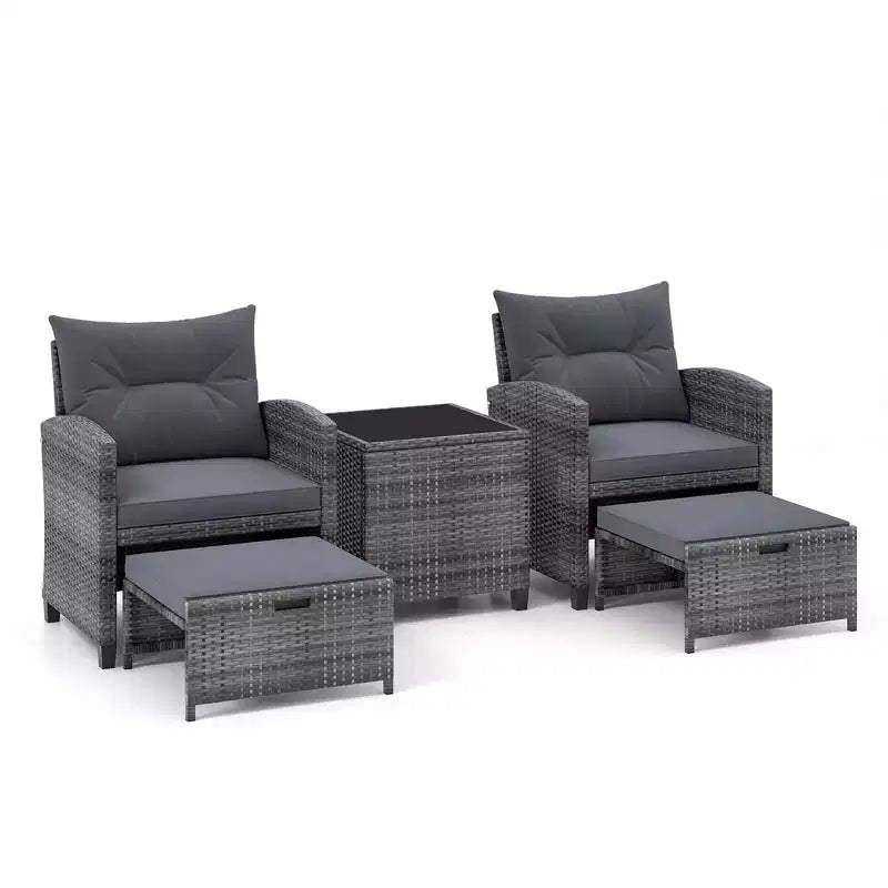 Costway Ensemble de Meubles de Jardin en Rotin 5 Pièces avec 2 Ottomans et Table Basse en Verre Trempé Noir/Gris/Bleu Marine/Beige/Rouge