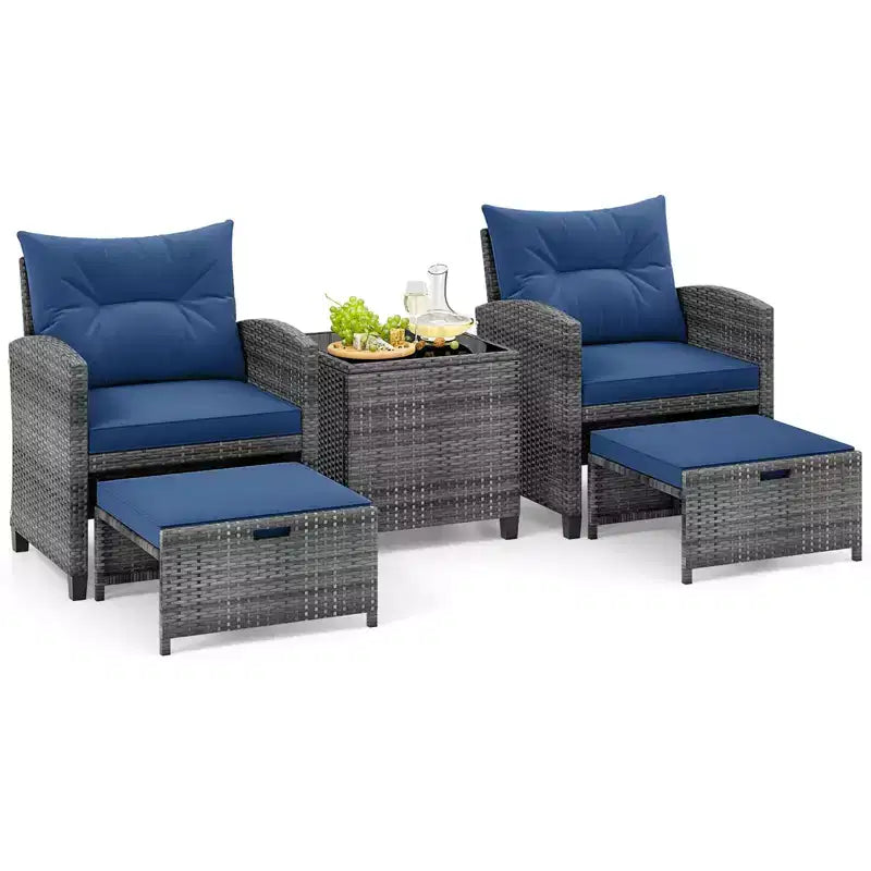 Costway Ensemble de Meubles de Jardin en Rotin 5 Pièces avec 2 Ottomans et Table Basse en Verre Trempé Noir/Gris/Bleu Marine/Beige/Rouge