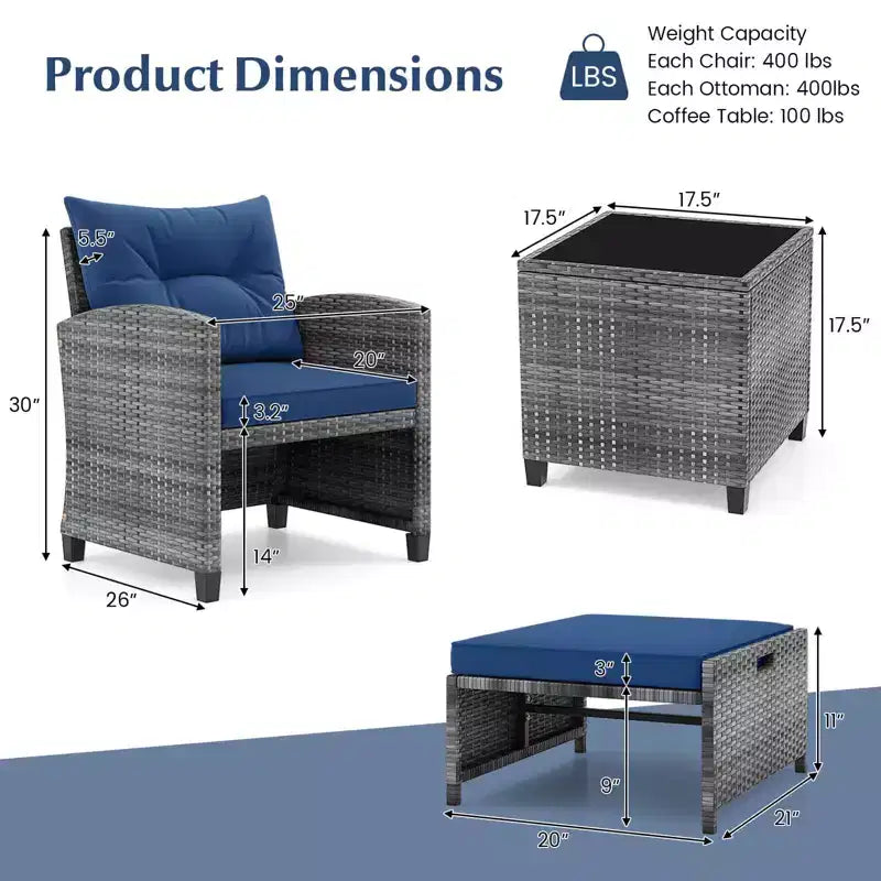 Costway Ensemble de Meubles de Jardin en Rotin 5 Pièces avec 2 Ottomans et Table Basse en Verre Trempé Noir/Gris/Bleu Marine/Beige/Rouge