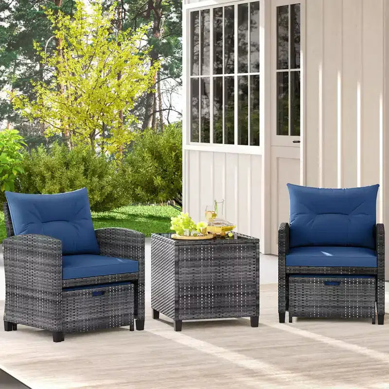 Costway Ensemble de Meubles de Jardin en Rotin 5 Pièces avec 2 Ottomans et Table Basse en Verre Trempé Noir/Gris/Bleu Marine/Beige/Rouge