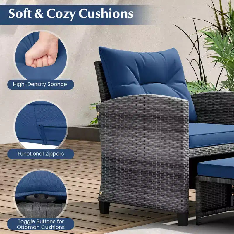 Costway Ensemble de Meubles de Jardin en Rotin 5 Pièces avec 2 Ottomans et Table Basse en Verre Trempé Noir/Gris/Bleu Marine/Beige/Rouge