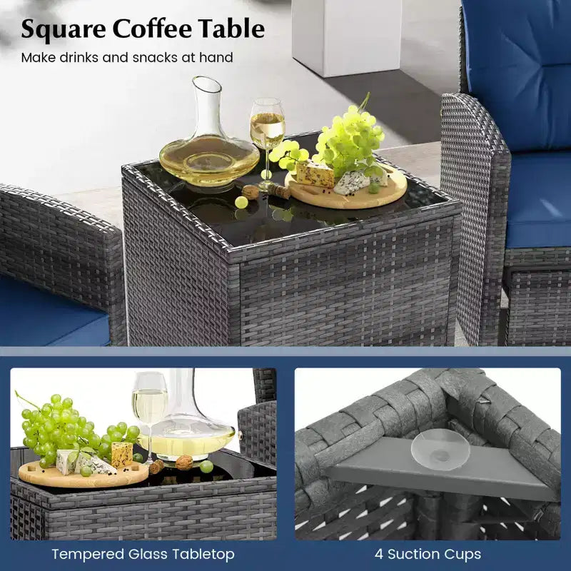 Costway Ensemble de Meubles de Jardin en Rotin 5 Pièces avec 2 Ottomans et Table Basse en Verre Trempé Noir/Gris/Bleu Marine/Beige/Rouge