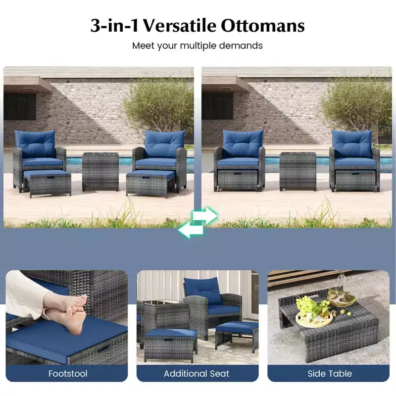 Costway Ensemble de Meubles de Jardin en Rotin 5 Pièces avec 2 Ottomans et Table Basse en Verre Trempé Noir/Gris/Bleu Marine/Beige/Rouge