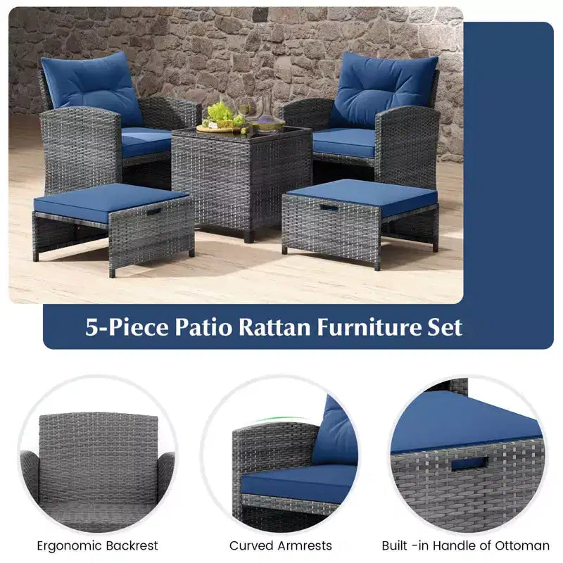 Costway Ensemble de Meubles de Jardin en Rotin 5 Pièces avec 2 Ottomans et Table Basse en Verre Trempé Noir/Gris/Bleu Marine/Beige/Rouge
