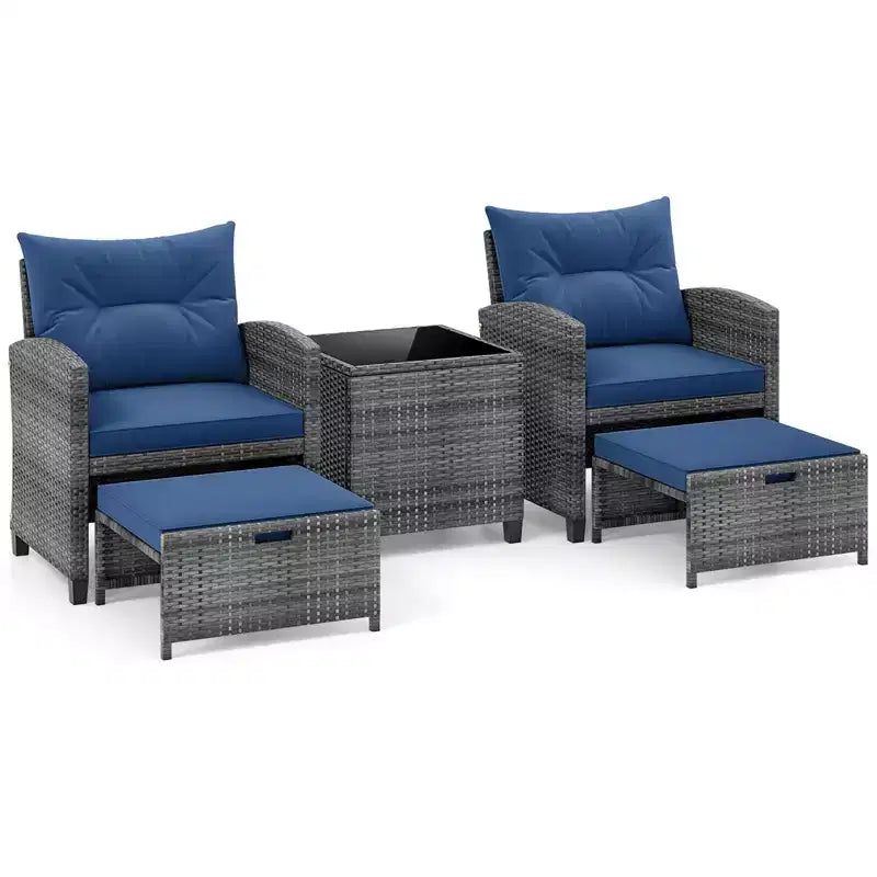 Costway Ensemble de Meubles de Jardin en Rotin 5 Pièces avec 2 Ottomans et Table Basse en Verre Trempé Noir/Gris/Bleu Marine/Beige/Rouge