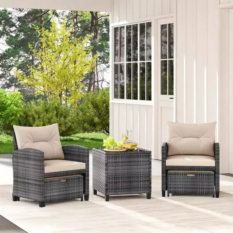 Costway Ensemble de Meubles de Jardin en Rotin 5 Pièces avec 2 Ottomans et Table Basse en Verre Trempé Noir/Gris/Bleu Marine/Beige/Rouge