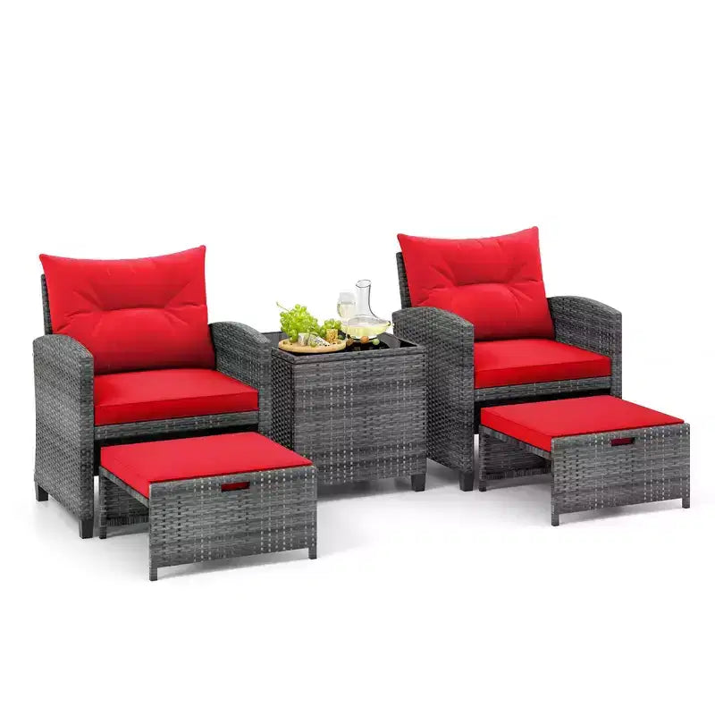 Costway Ensemble de Meubles de Jardin en Rotin 5 Pièces avec 2 Ottomans et Table Basse en Verre Trempé Noir/Gris/Bleu Marine/Beige/Rouge