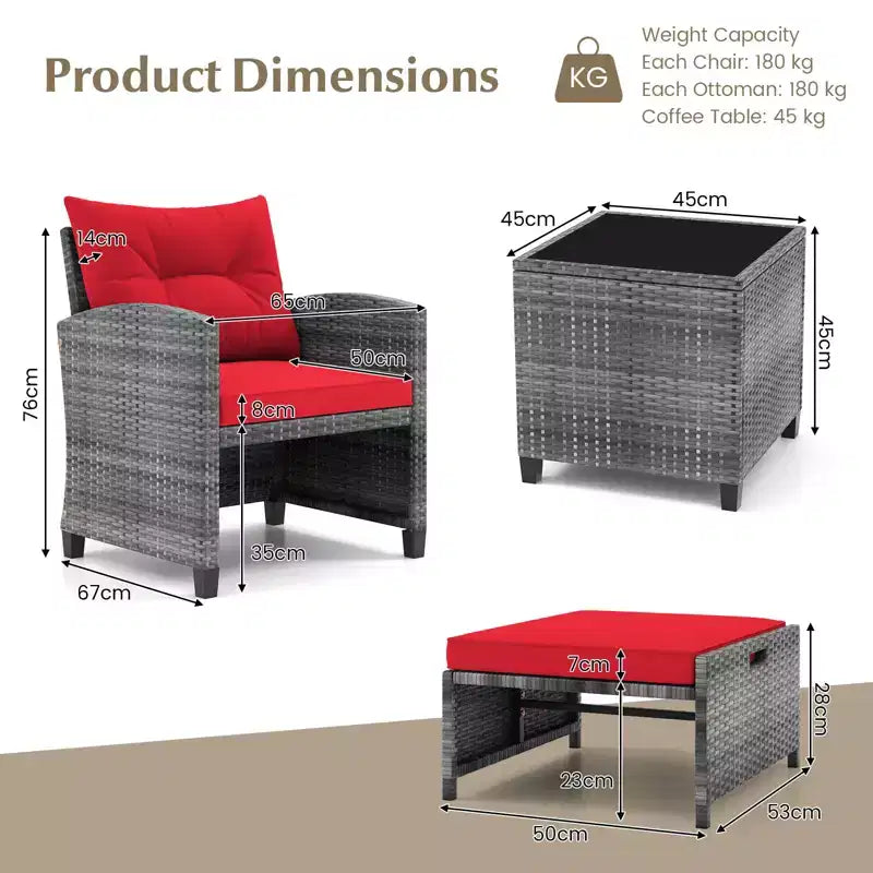Costway Ensemble de Meubles de Jardin en Rotin 5 Pièces avec 2 Ottomans et Table Basse en Verre Trempé Noir/Gris/Bleu Marine/Beige/Rouge